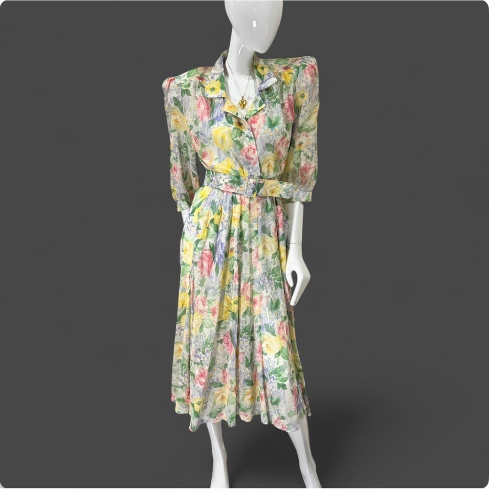 Vintage‎ 80s 90s Floral Midi Dress – Sheer Belted Garden Party Dress Made in USA